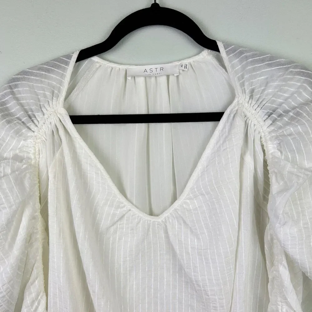 ASTR the Label Ruched Puff Long Sleeve Top White Sheer Pinstripe Blouse VNeck XS